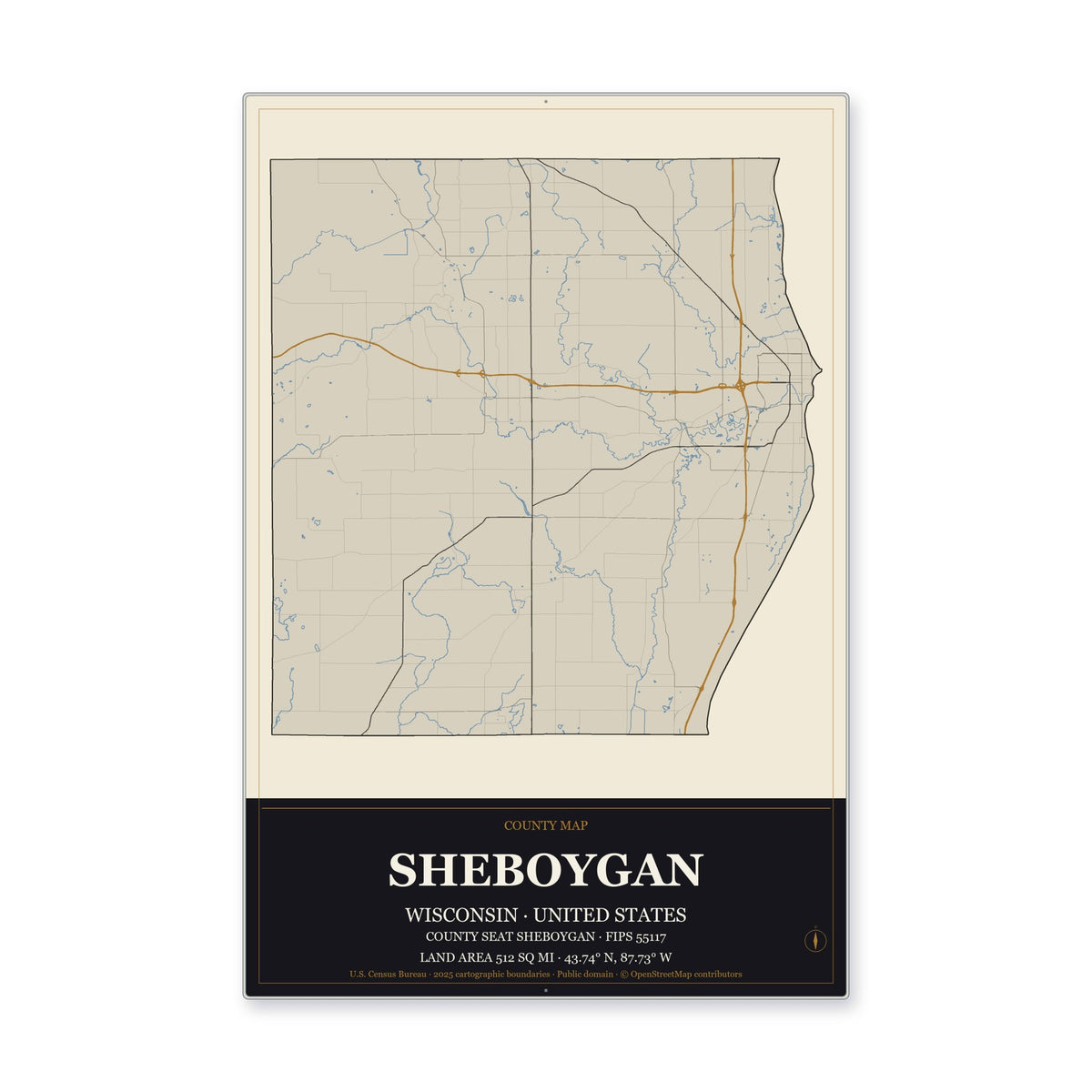 Sheboygan County, Wisconsin Map Aluminum Sign in Museum Plaque style