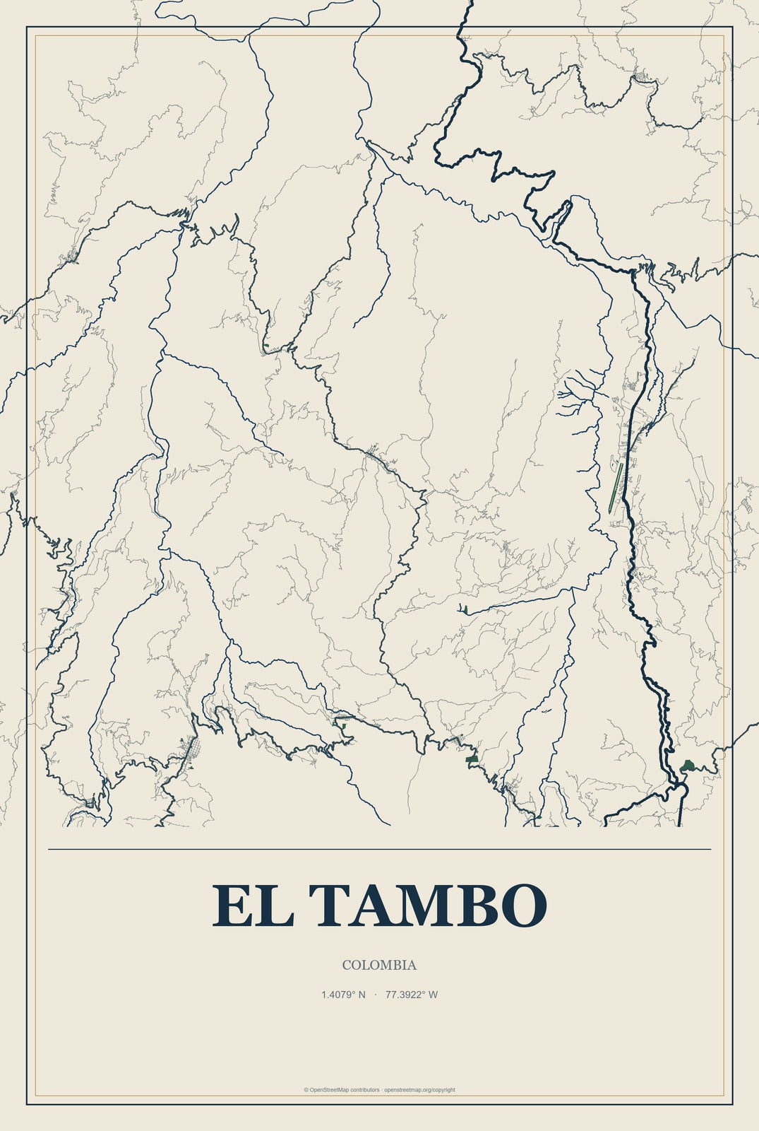 El Tambo, Colombia City Map Aluminum Sign in Coastal Cutout style