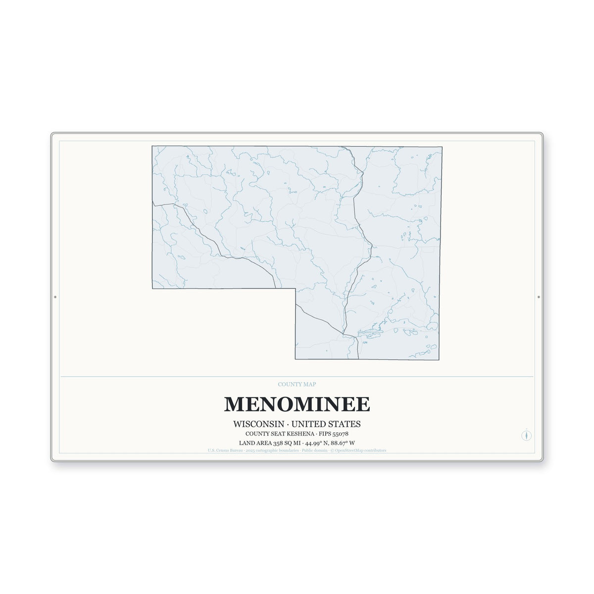 Menominee County, Wisconsin Map Aluminum Sign in Gallery Air style