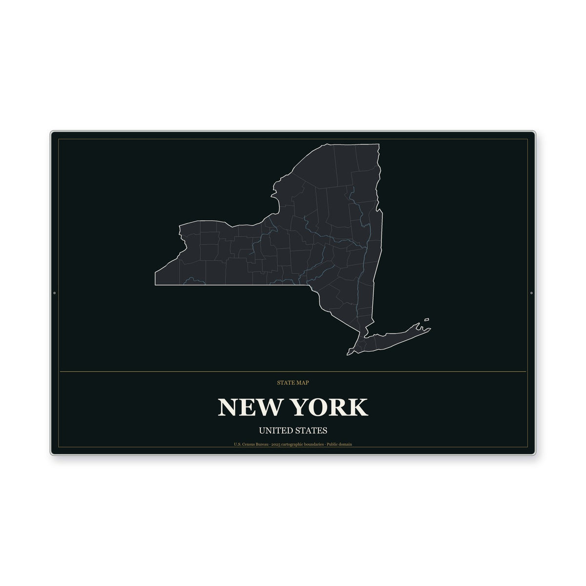 New York state map aluminum sign in Metropolitan Noir style