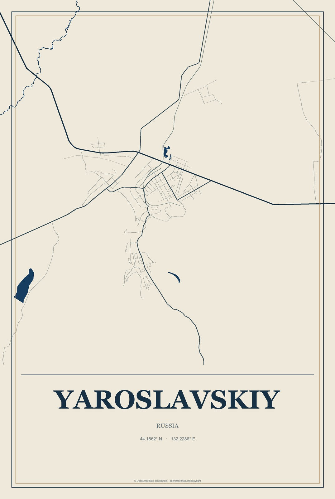 Yaroslavskiy, Russia City Map Aluminum Sign in Coastal Cutout style