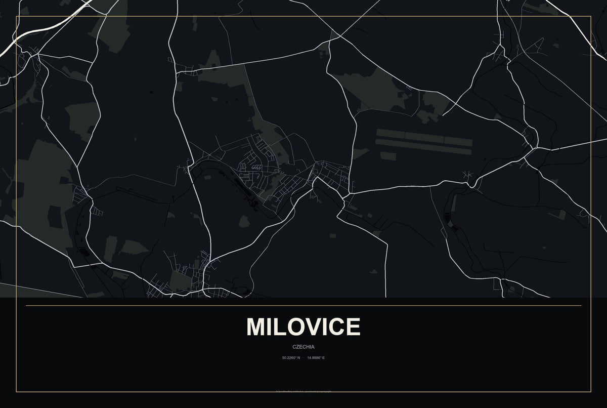 Milovice, Czechia City Map Aluminum Sign in Metropolitan Noir style
