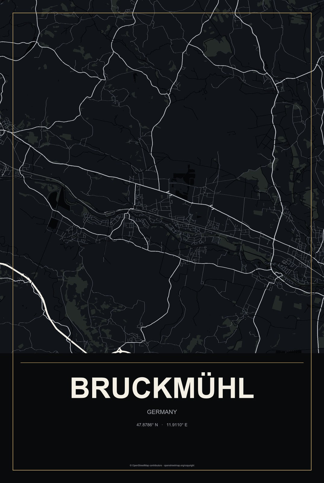 Bruckmühl, Germany City Map Aluminum Sign in Metropolitan Noir style