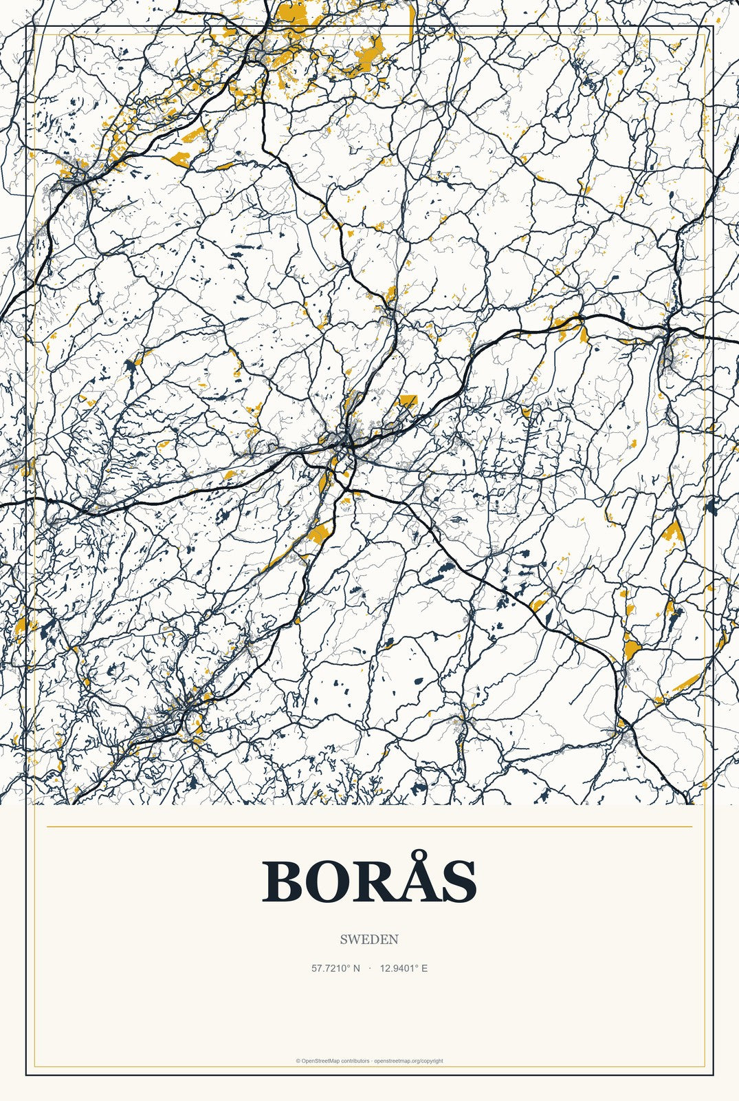Borås, Sweden City Map Aluminum Sign in Citrine Modern style