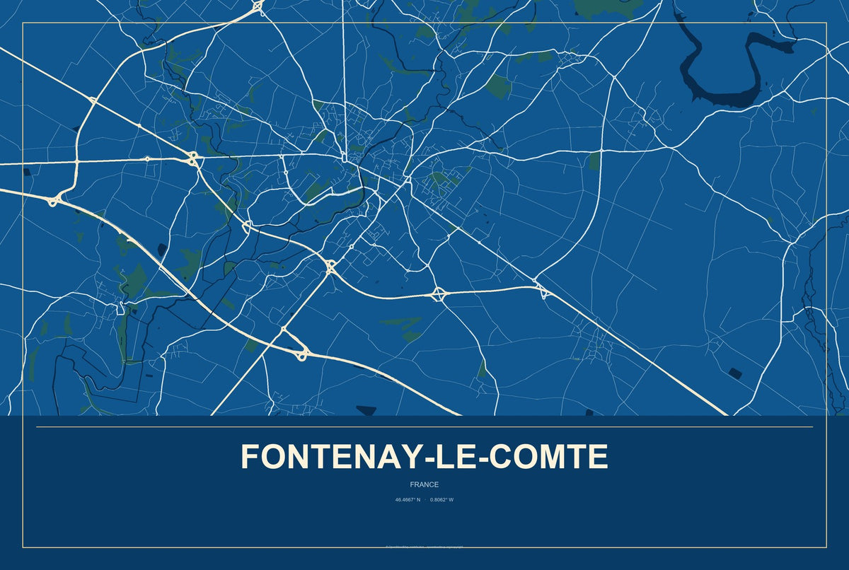 Fontenay-le-Comte, France City Map Aluminum Sign in Harbor Cobalt style