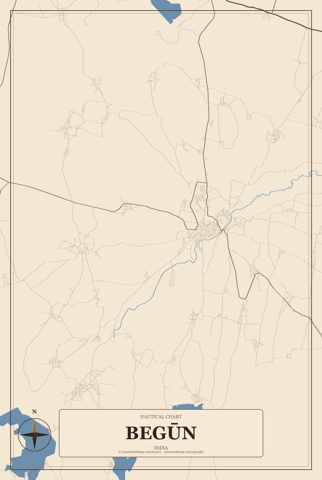 Begūn, India City Map Aluminum Sign in Heritage Nautical style