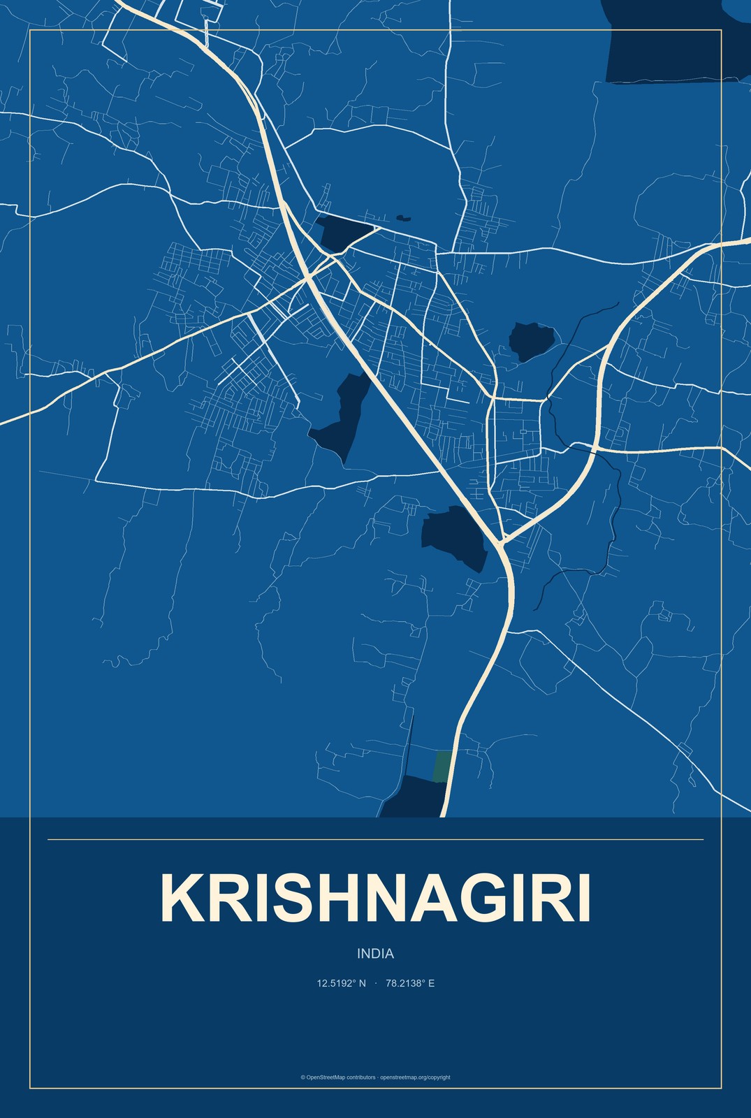 Krishnagiri, India City Map Aluminum Sign in Harbor Cobalt style