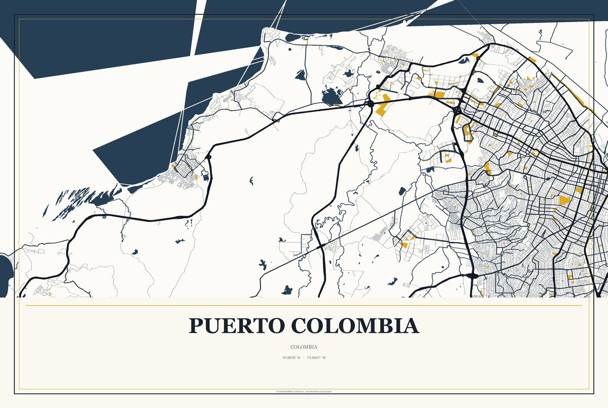 Puerto Colombia, Colombia City Map Aluminum Sign in Citrine Modern style