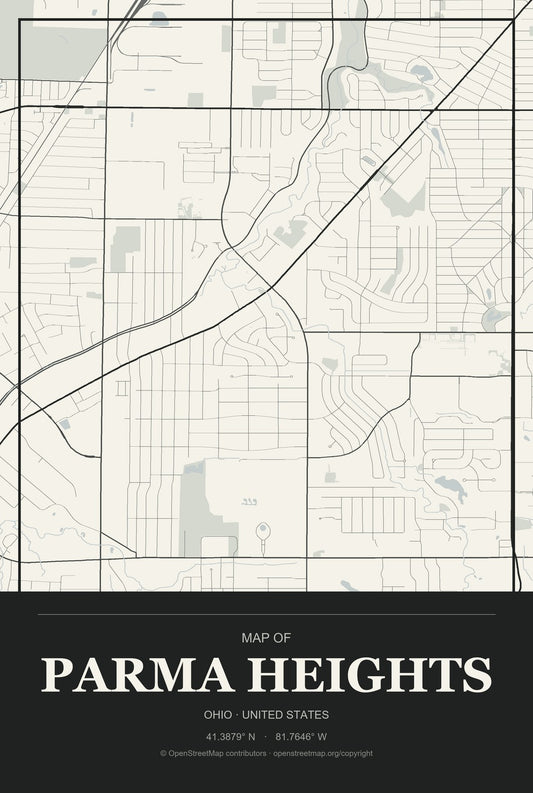 Parma Heights, Ohio City Map Aluminum Sign in Museum Plaque style