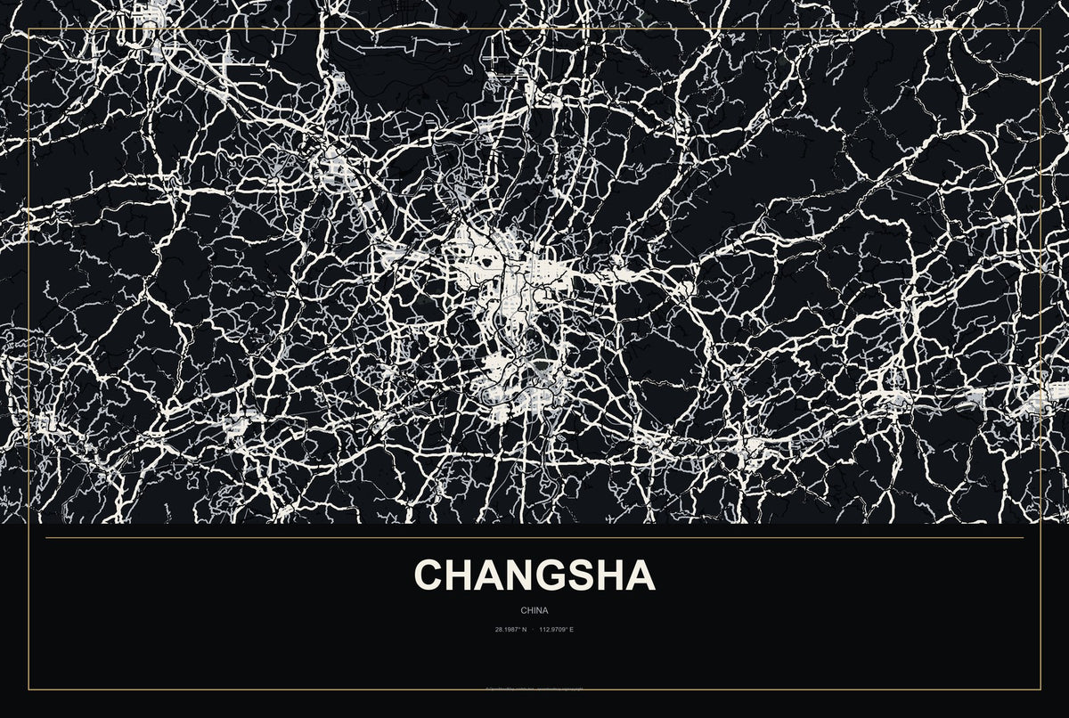 Changsha, Chongqing, China City Map Aluminum Sign in Metropolitan Noir style