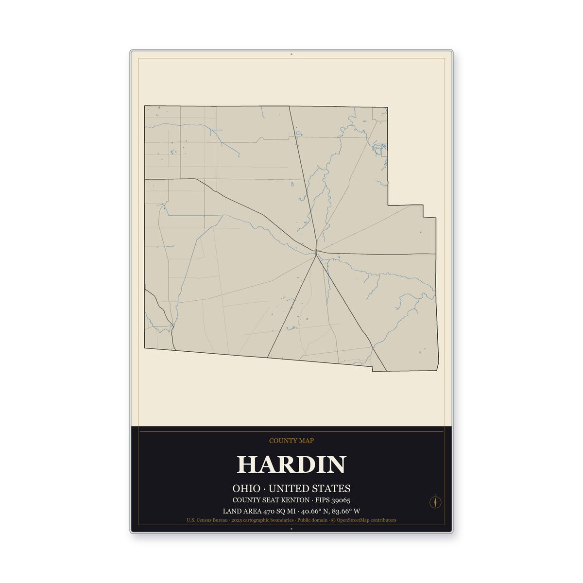 Hardin County, Ohio Map Aluminum Sign in Museum Plaque style