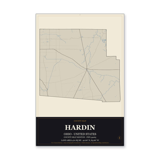 Hardin County, Ohio Map Aluminum Sign in Museum Plaque style