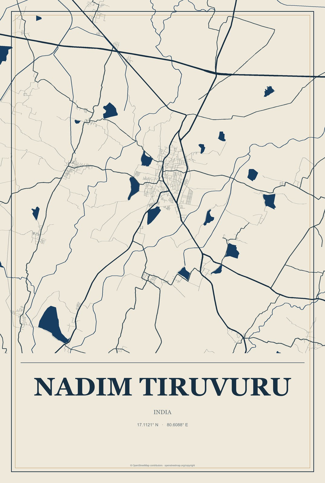 Nadim Tiruvuru, India City Map Aluminum Sign in Coastal Cutout style