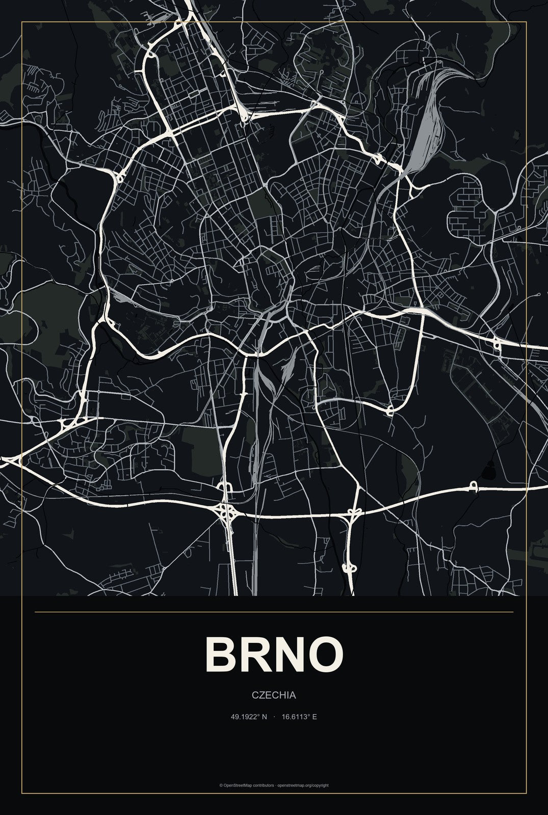 Brno, Czechia City Map Aluminum Sign in Metropolitan Noir style