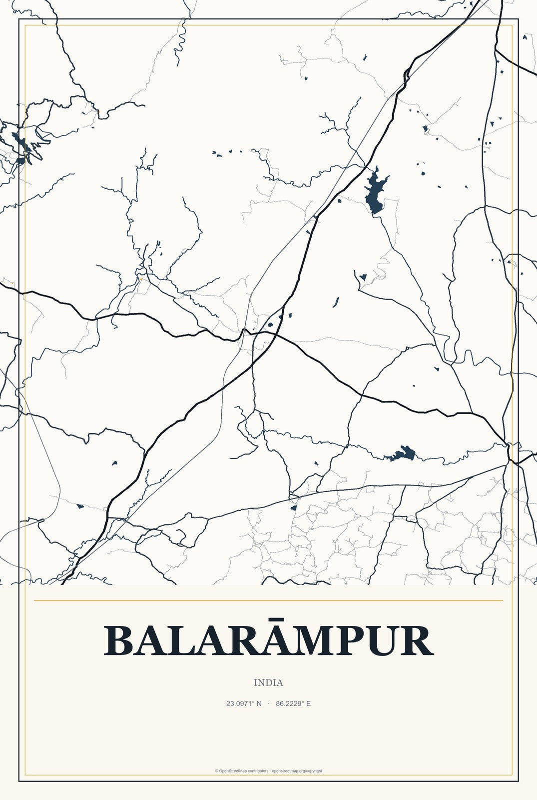 Balarāmpur, India City Map Aluminum Sign in Citrine Modern style