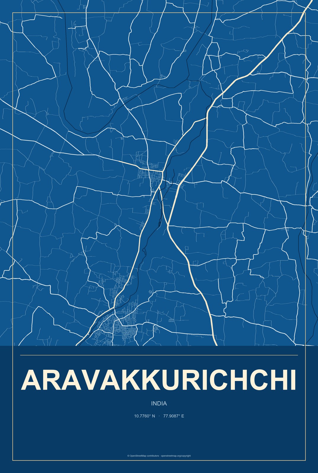 Aravakkurichchi, India City Map Aluminum Sign in Harbor Cobalt style