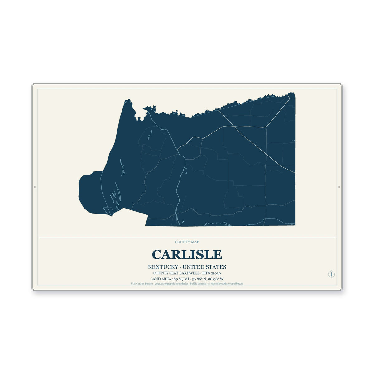 Carlisle County, Kentucky Map Aluminum Sign in Coastal Cutout style