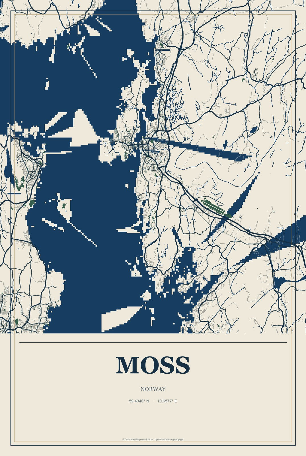 Moss, Norway City Map Aluminum Sign in Coastal Cutout style