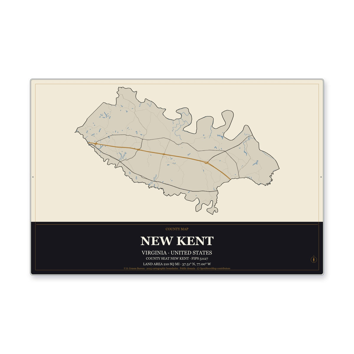 New Kent County, Virginia Map Aluminum Sign in Museum Plaque style