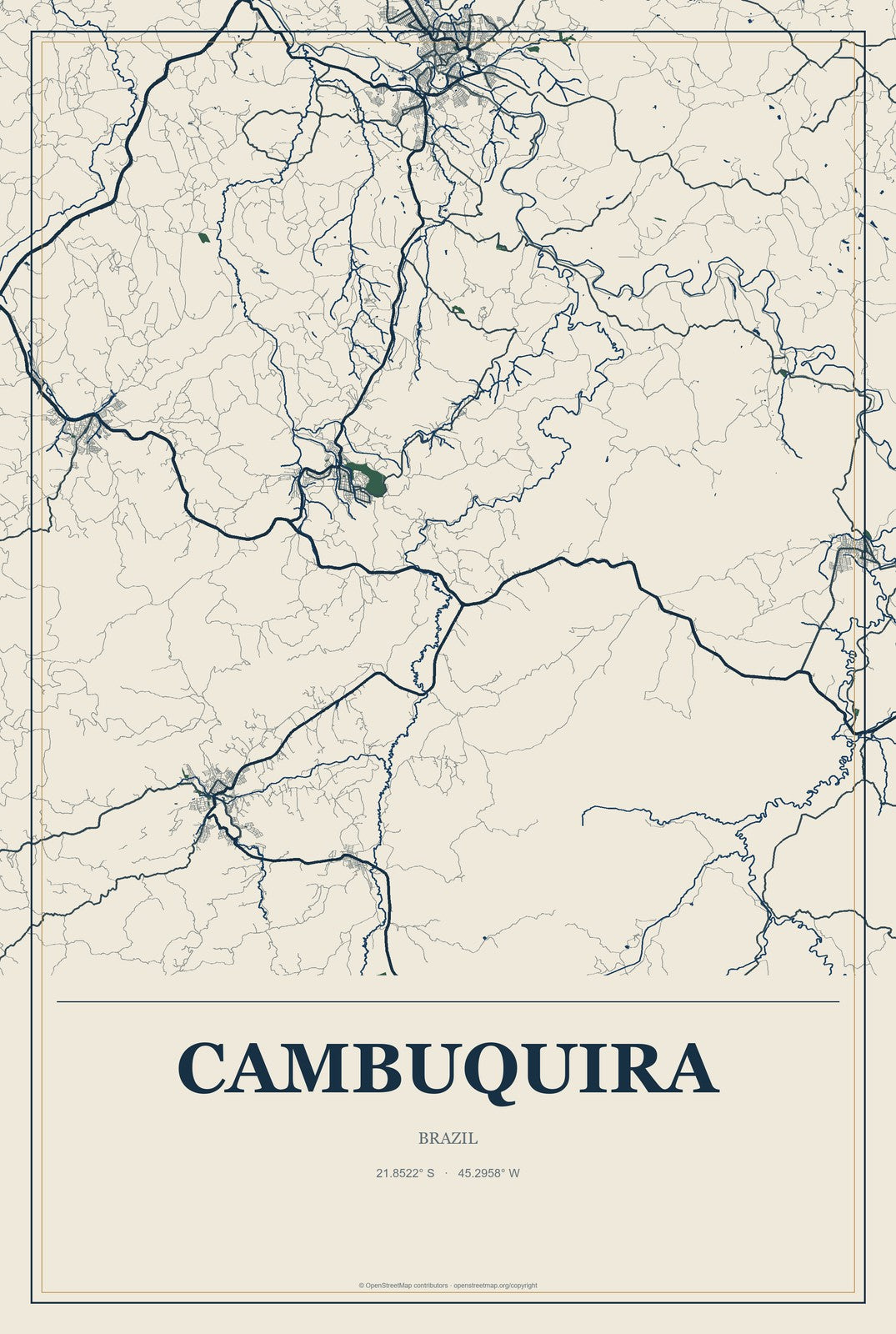 Cambuquira, Brazil City Map Aluminum Sign in Coastal Cutout style