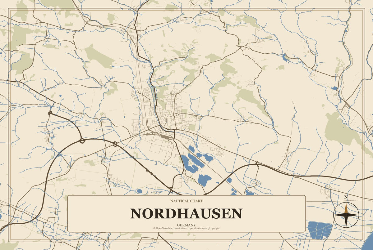 Nordhausen, Germany City Map Aluminum Sign in Heritage Nautical style