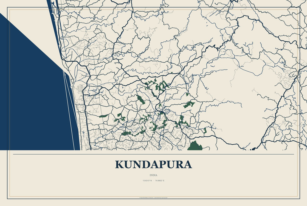 Kundapura, India City Map Aluminum Sign in Coastal Cutout style
