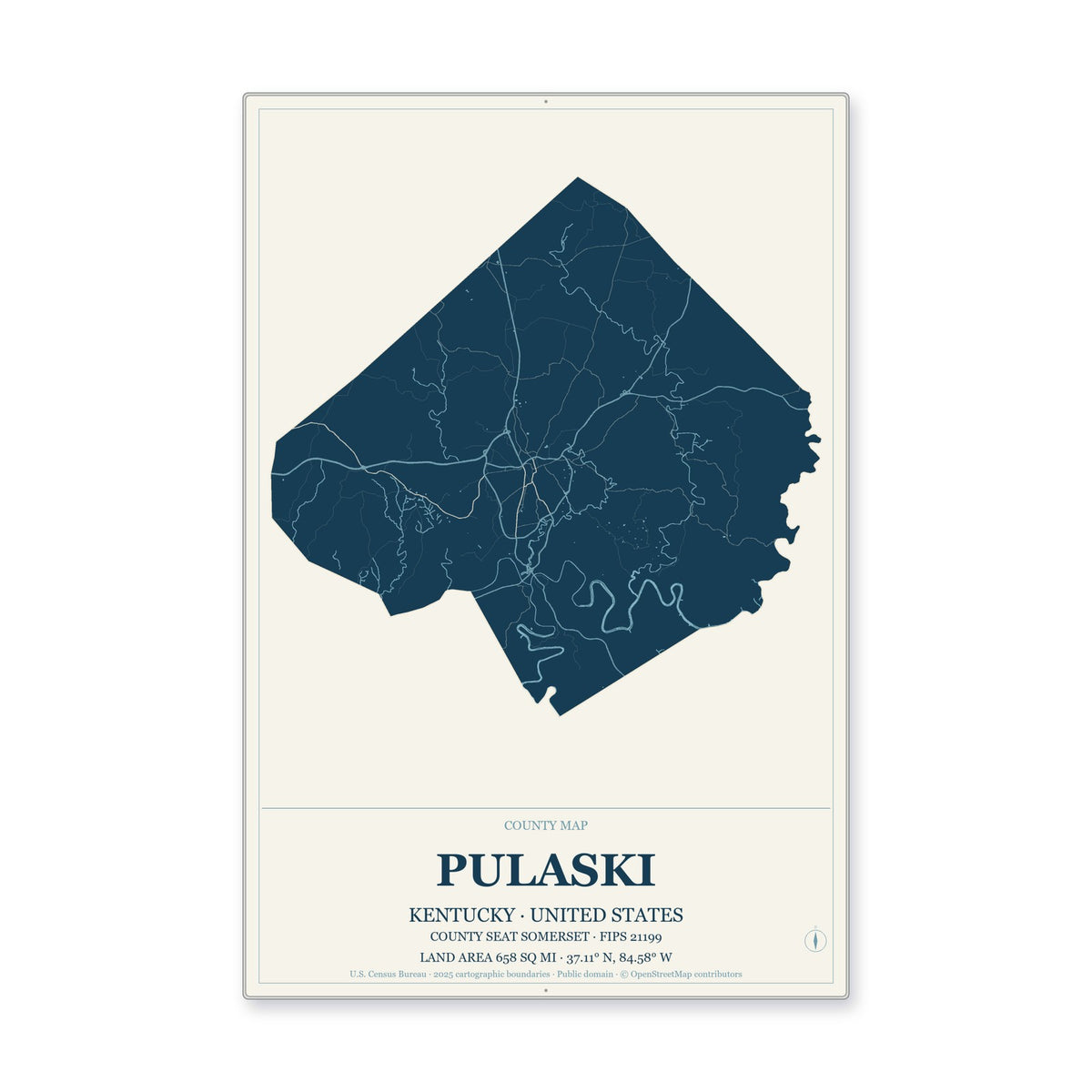 Pulaski County, Kentucky Map Aluminum Sign in Coastal Cutout style