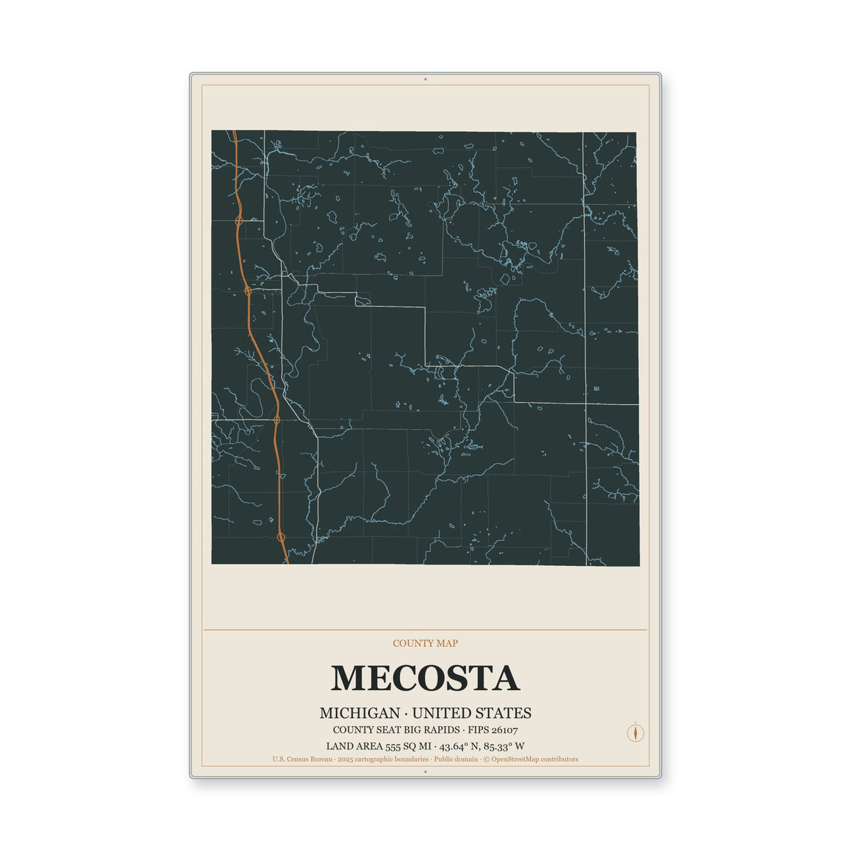 Mecosta County, Michigan Map Aluminum Sign in Headline Atlas style