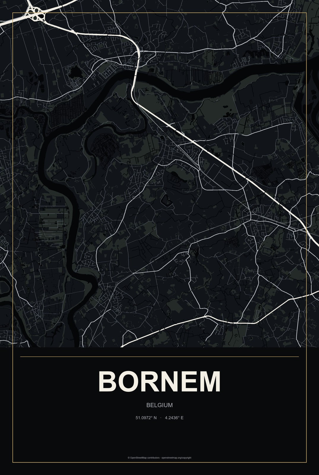 Bornem, Belgium City Map Aluminum Sign in Metropolitan Noir style