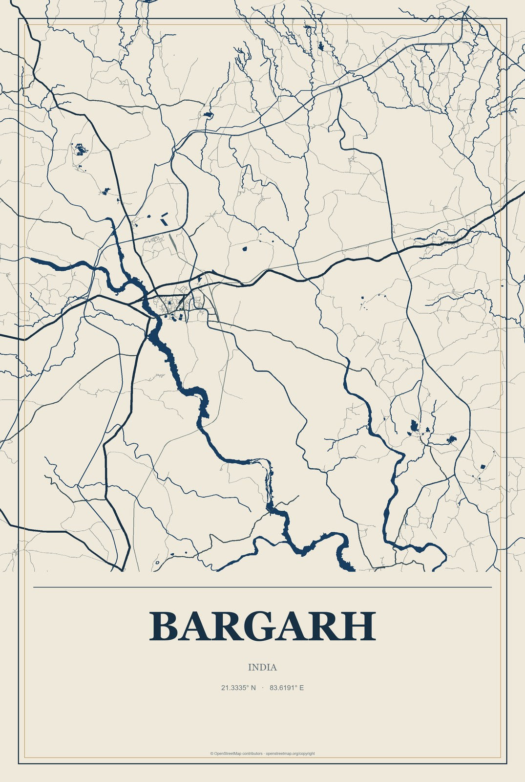 Bargarh, India City Map Aluminum Sign in Coastal Cutout style