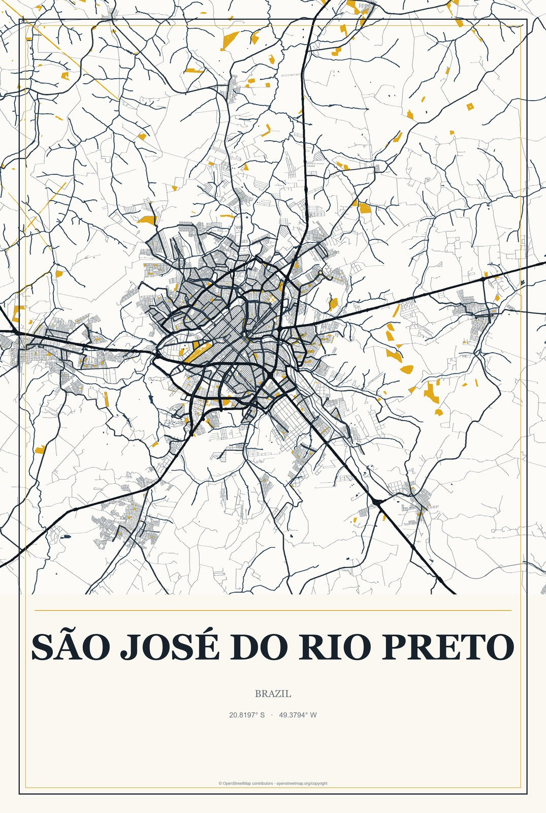 São José do Rio Preto, Brazil City Map Aluminum Sign in Citrine Modern style