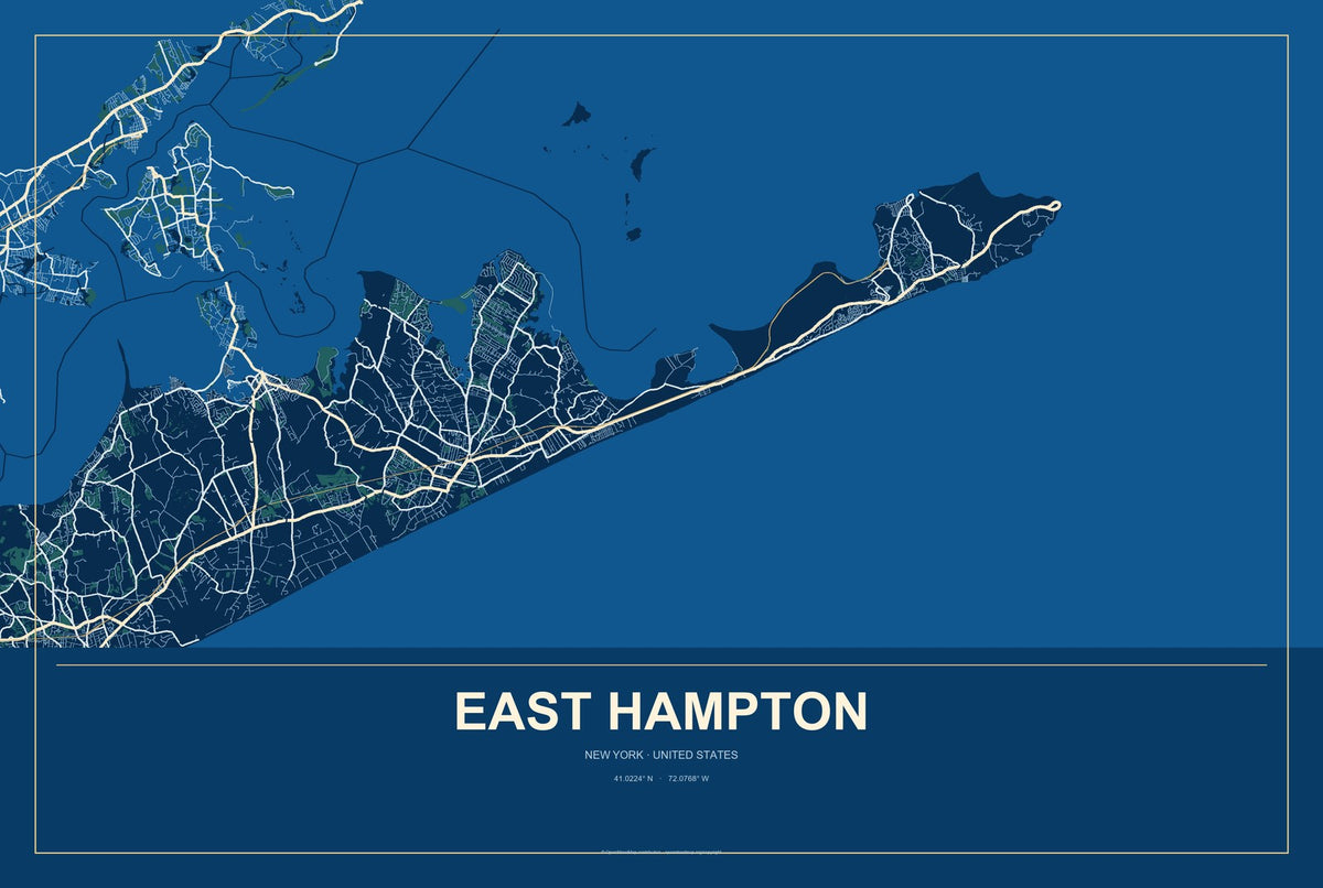 East Hampton, New York City Map Aluminum Sign in Harbor Cobalt style