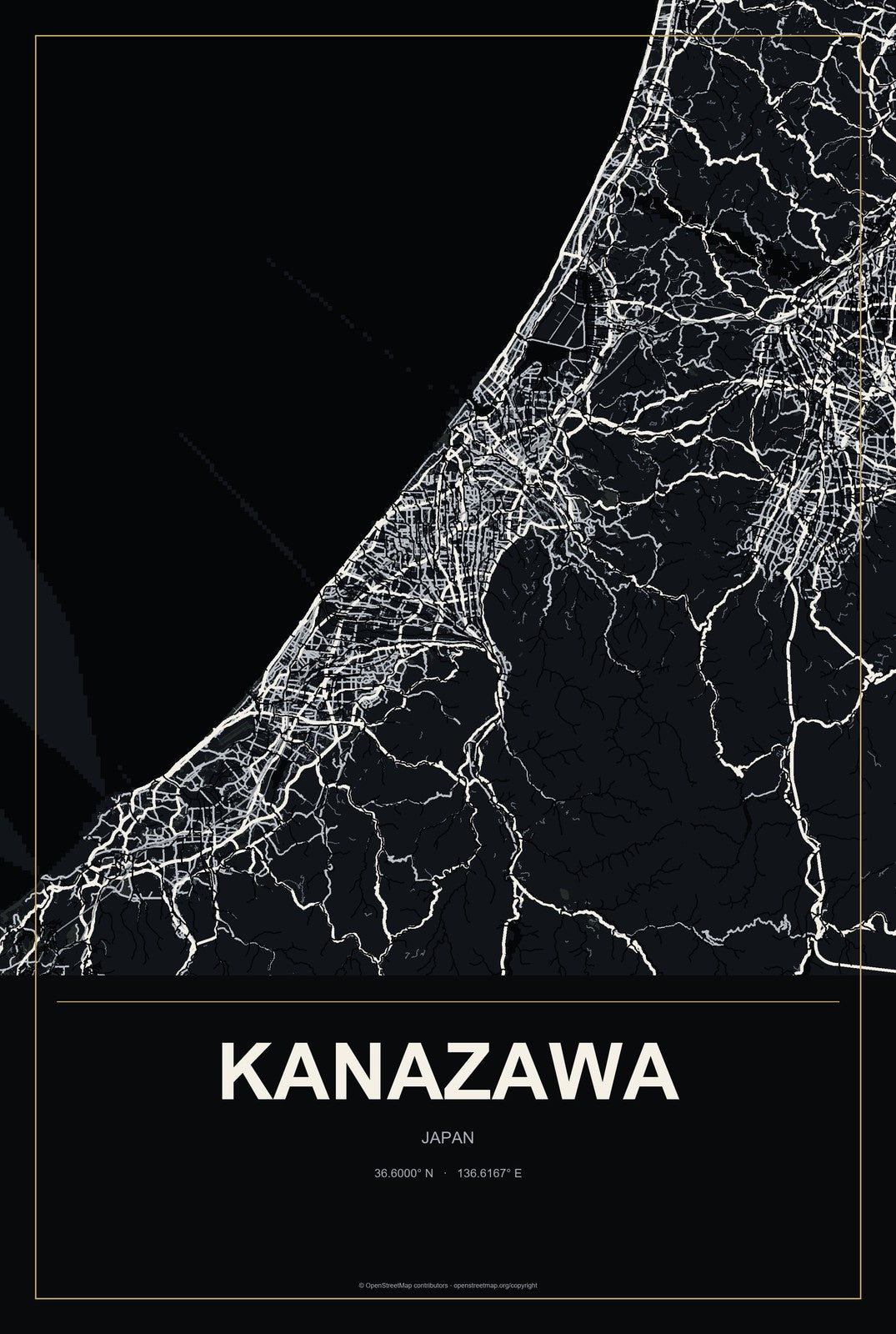 Kanazawa, Japan City Map Aluminum Sign in Metropolitan Noir style