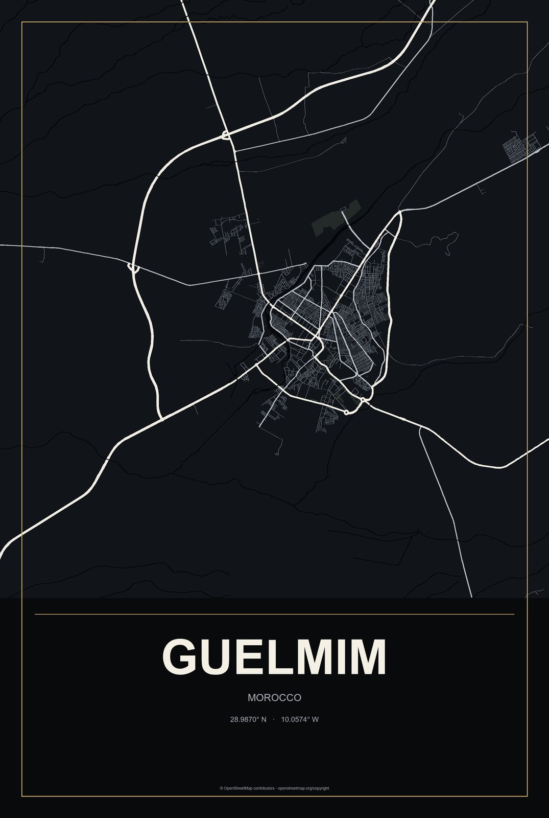 Guelmim, Morocco City Map Aluminum Sign in Metropolitan Noir style