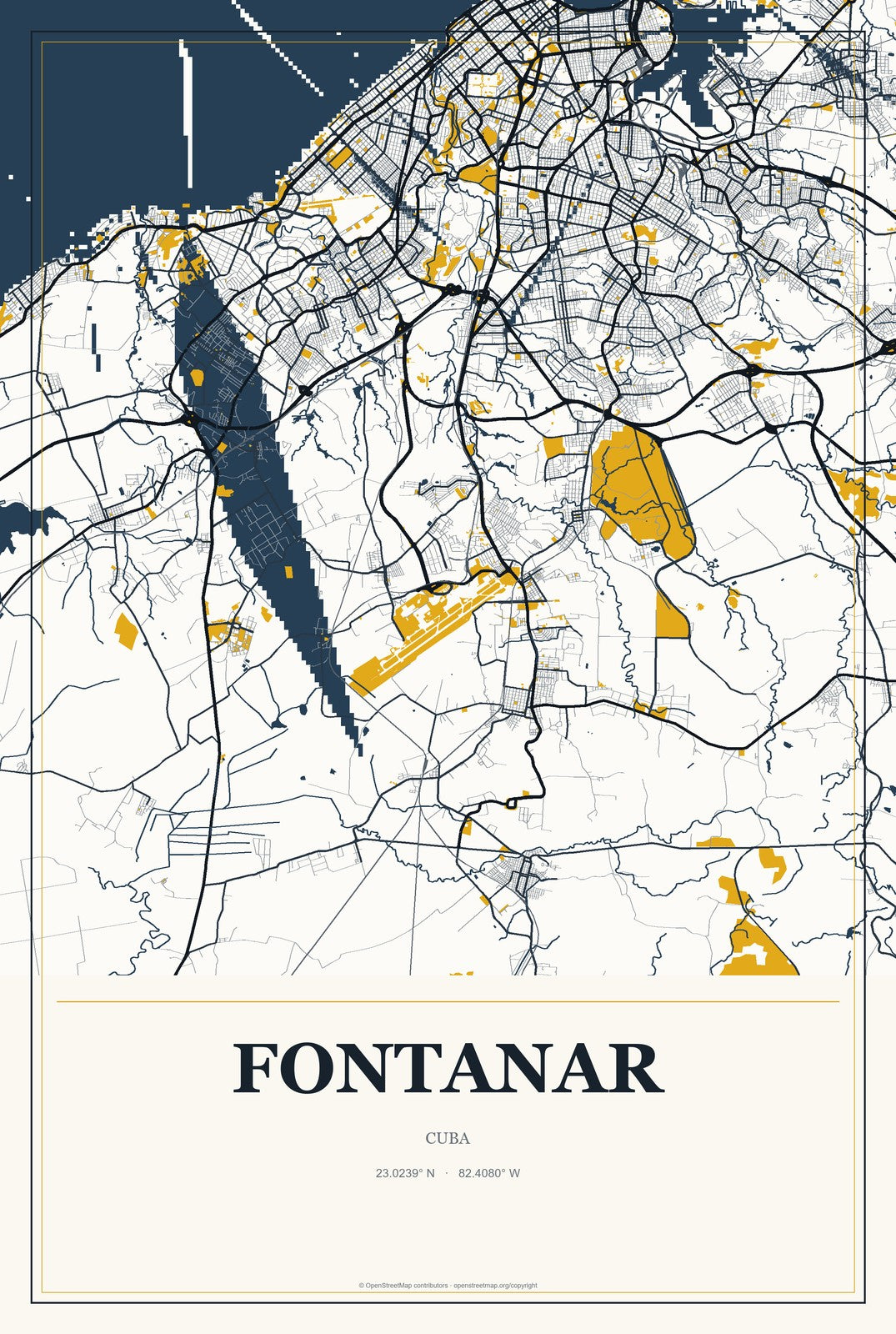 Fontanar, Cuba City Map Aluminum Sign in Citrine Modern style