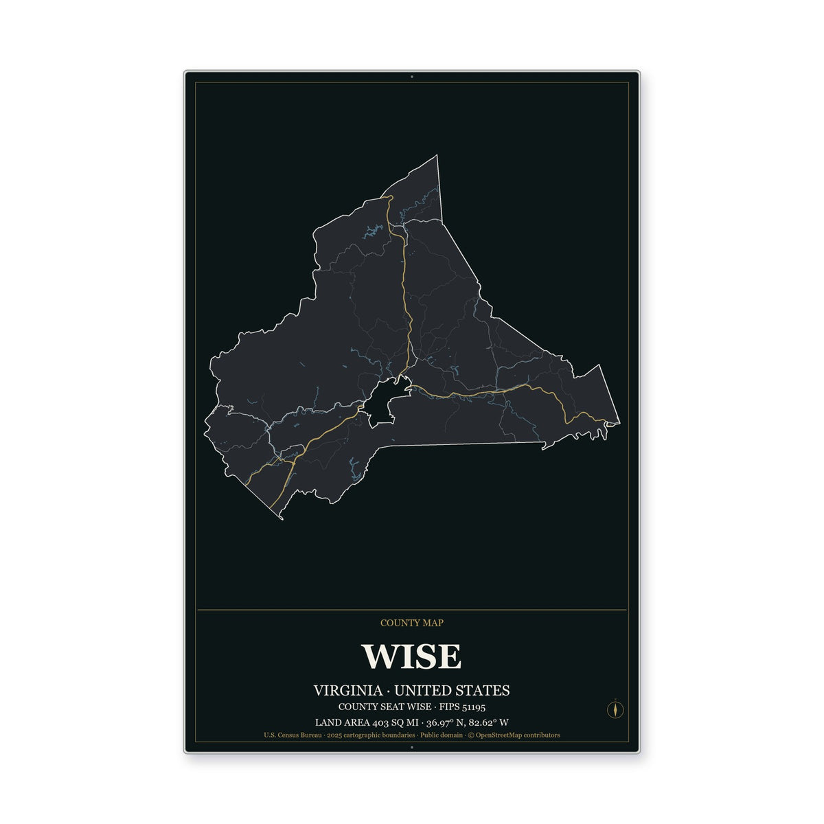 Wise County, Virginia Map Aluminum Sign in Metropolitan Noir style
