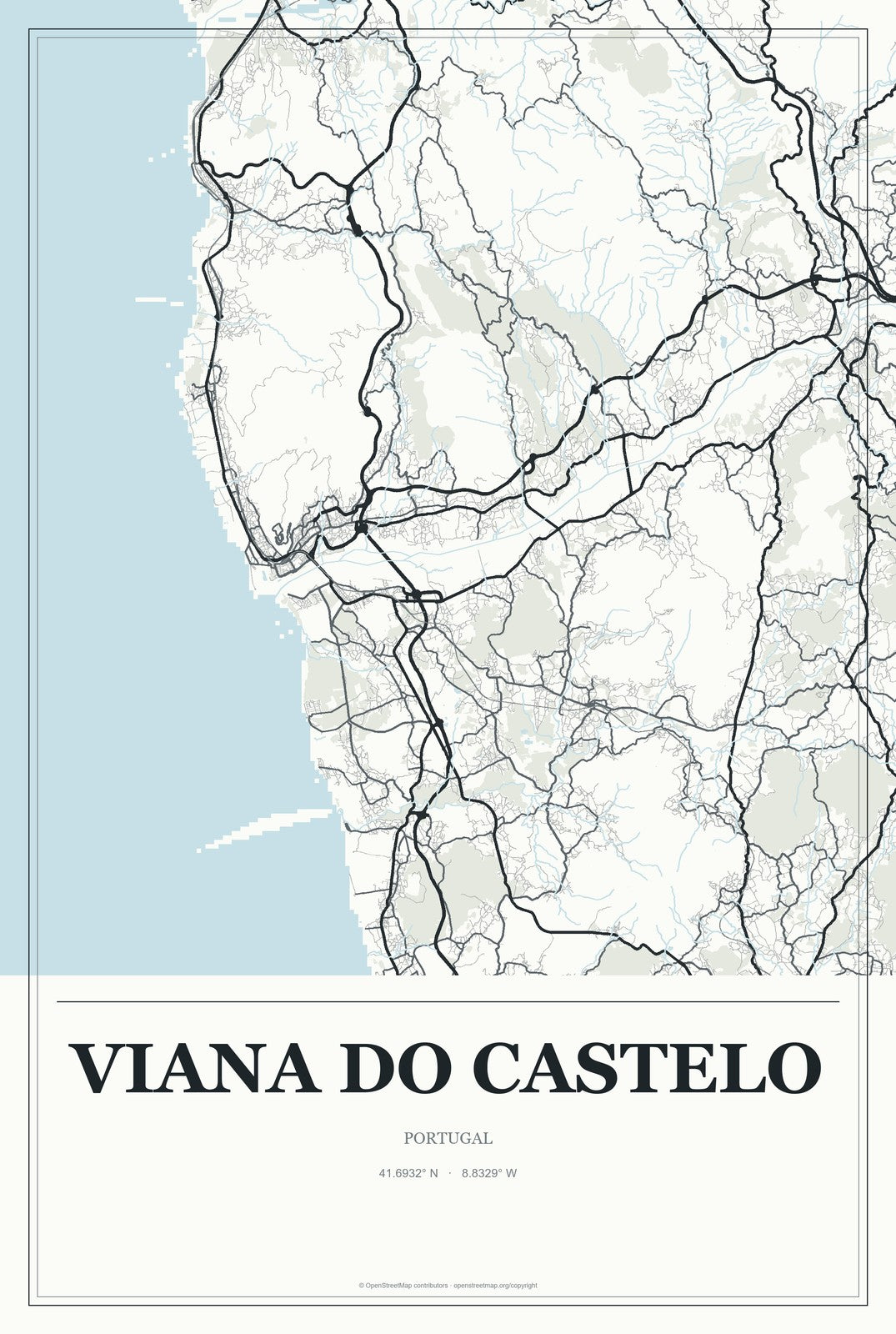 Viana do Castelo, Portugal City Map Aluminum Sign in Gallery Air style