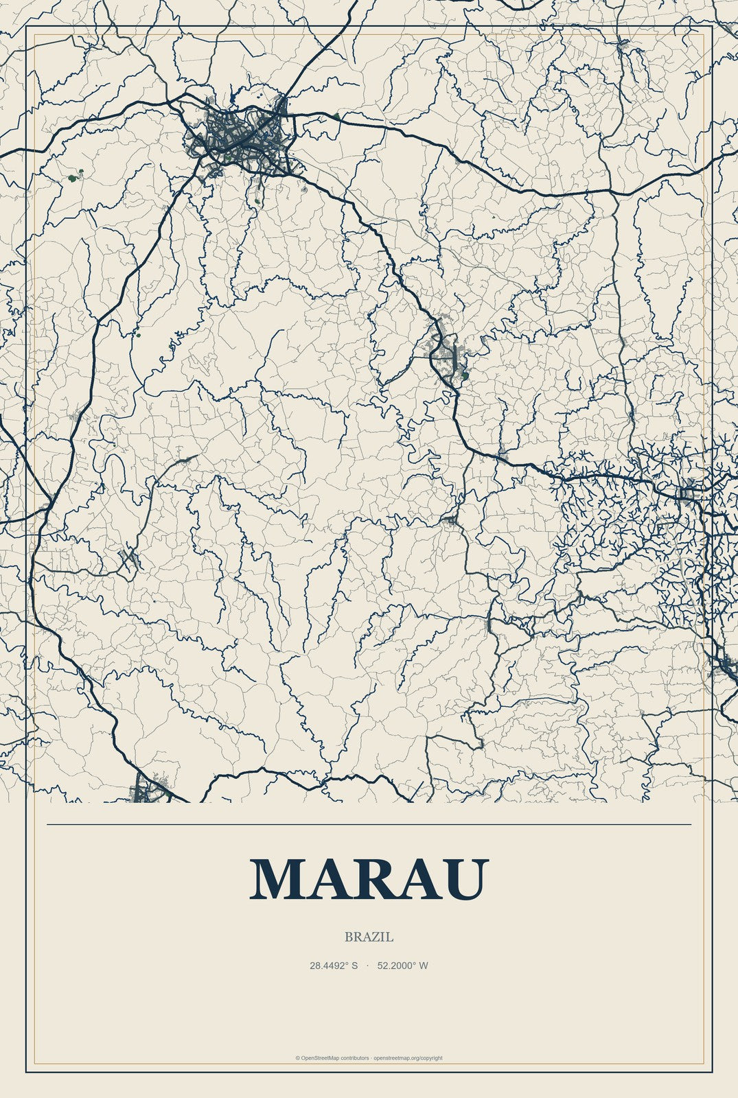 Marau, Brazil City Map Aluminum Sign in Coastal Cutout style