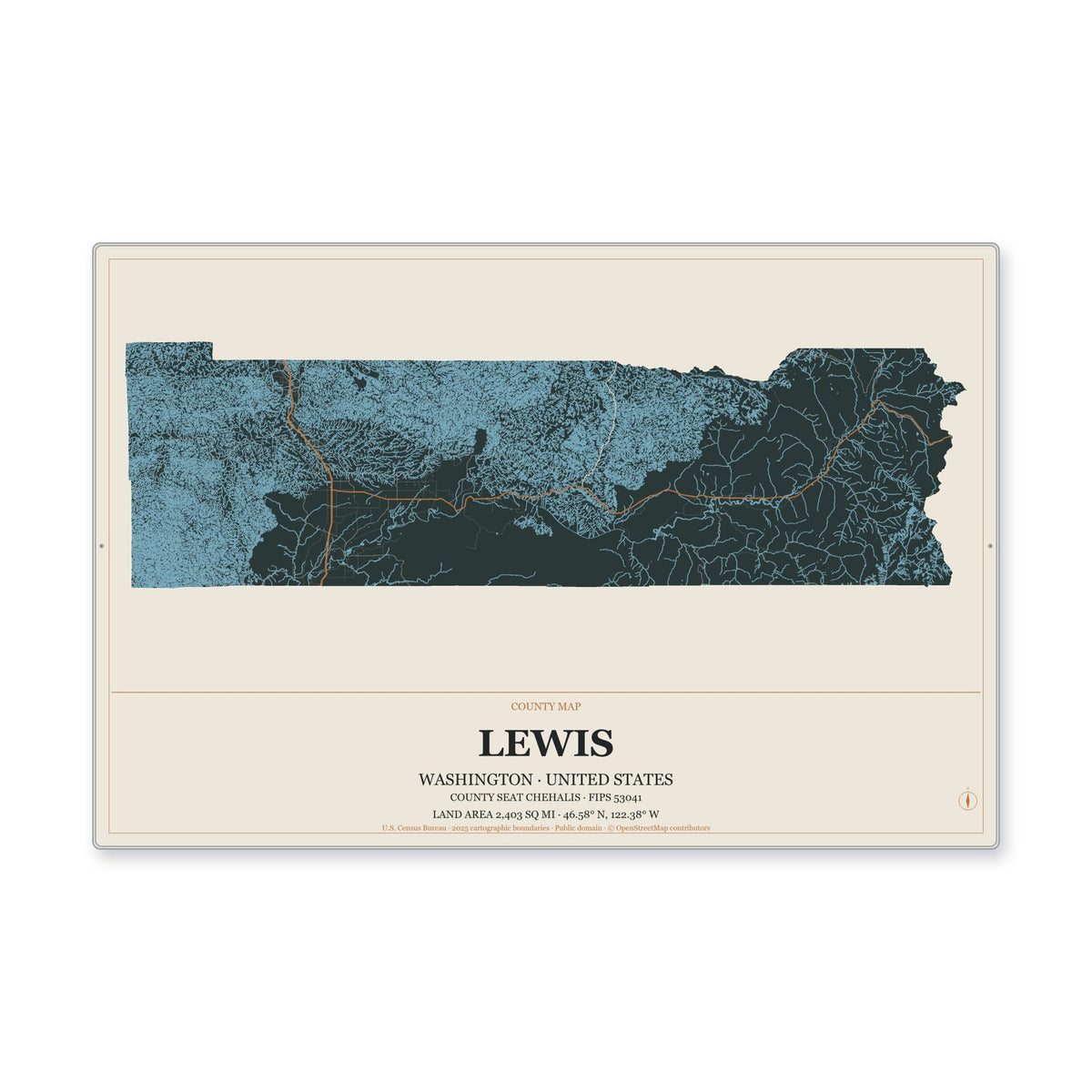 Lewis County, Washington Map Aluminum Sign in Headline Atlas style