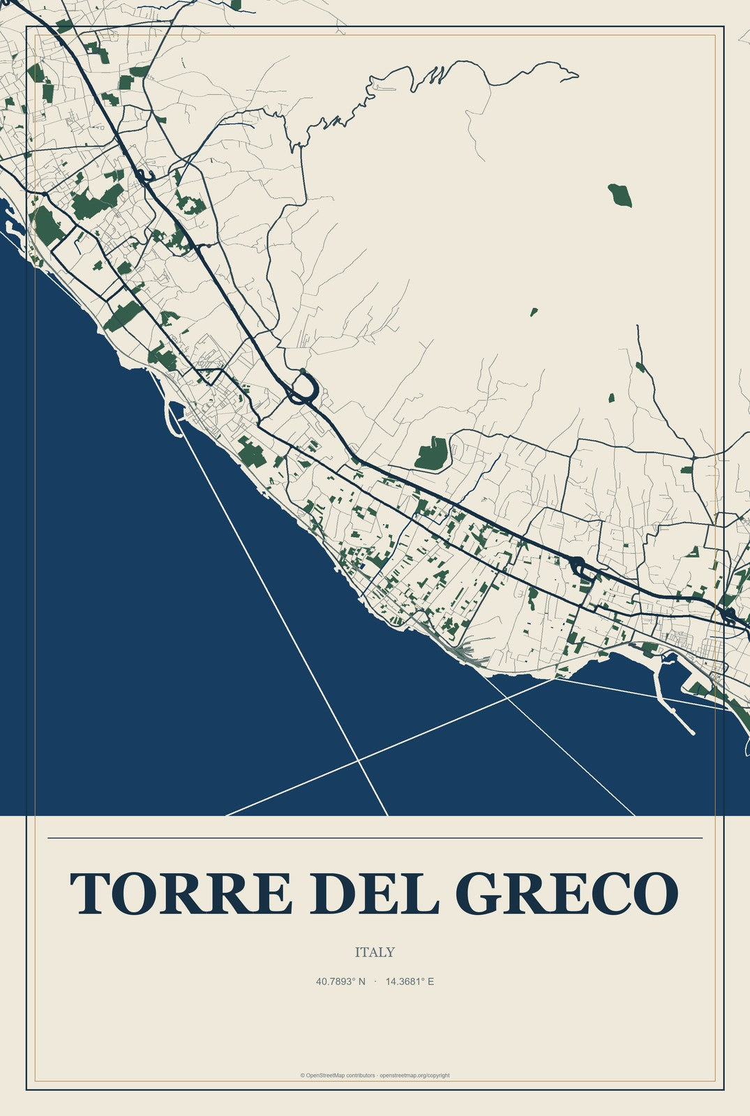 Torre del Greco, Italy City Map Aluminum Sign in Coastal Cutout style
