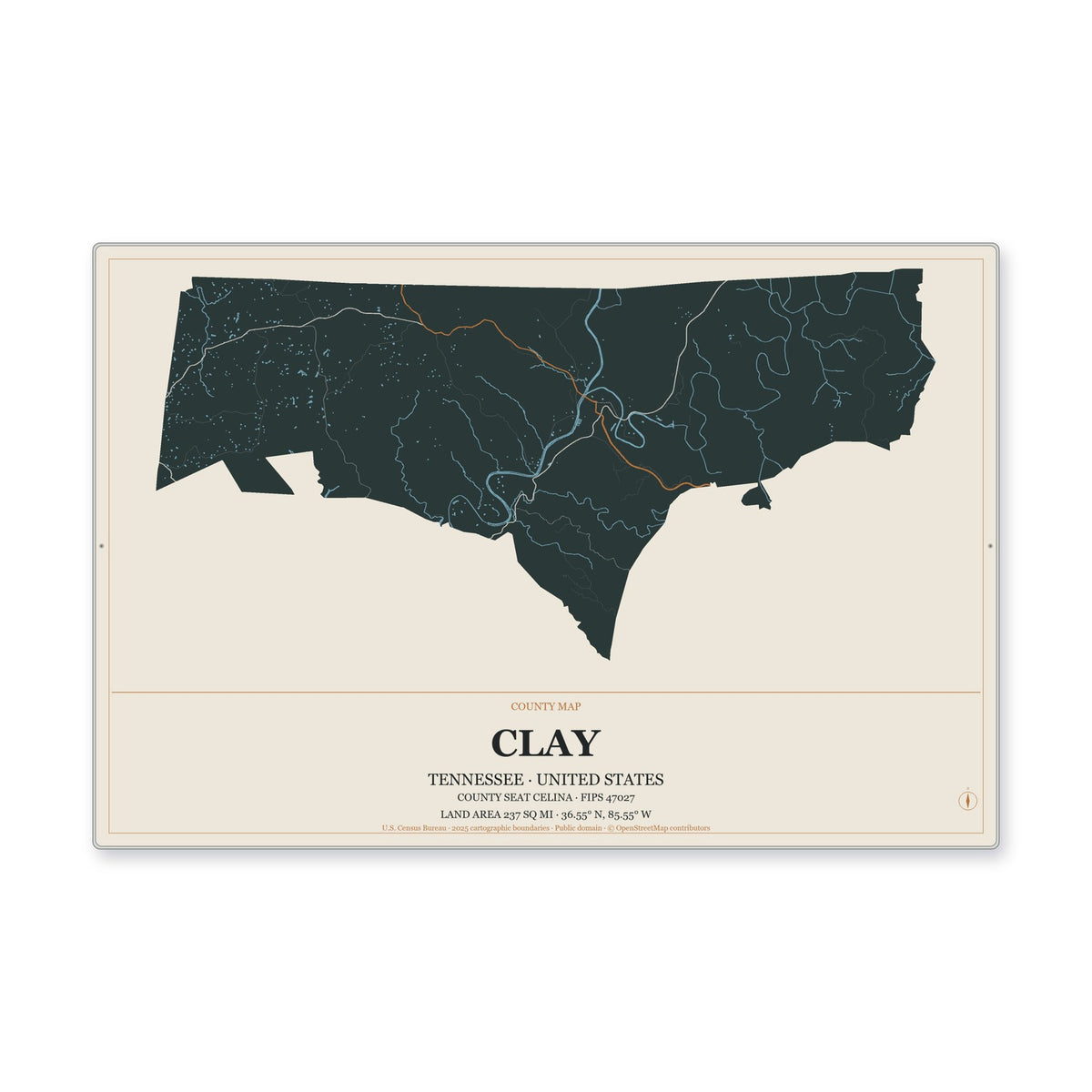Clay County, Tennessee Map Aluminum Sign in Headline Atlas style