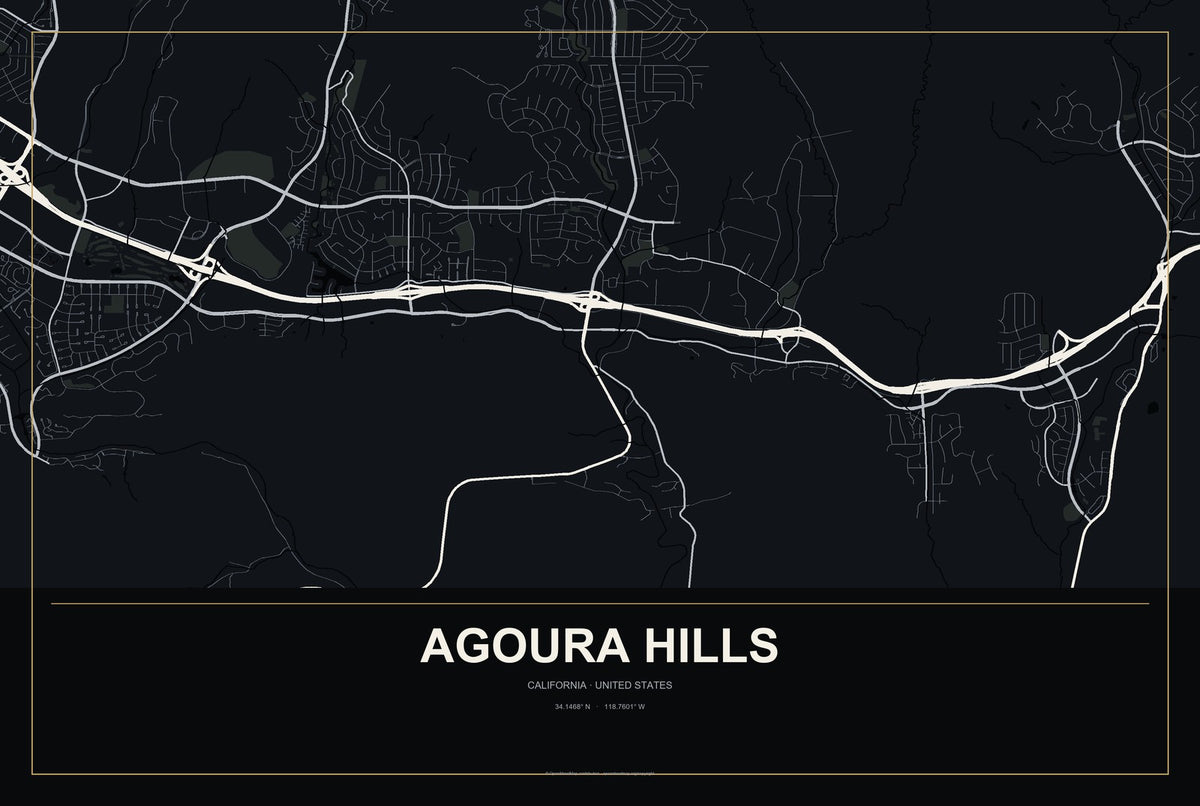Agoura Hills, California City Map Aluminum Sign in Metropolitan Noir style