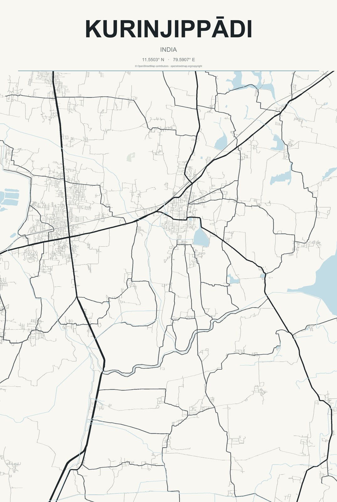 Kurinjippādi, India City Map Aluminum Sign in Headline Atlas style