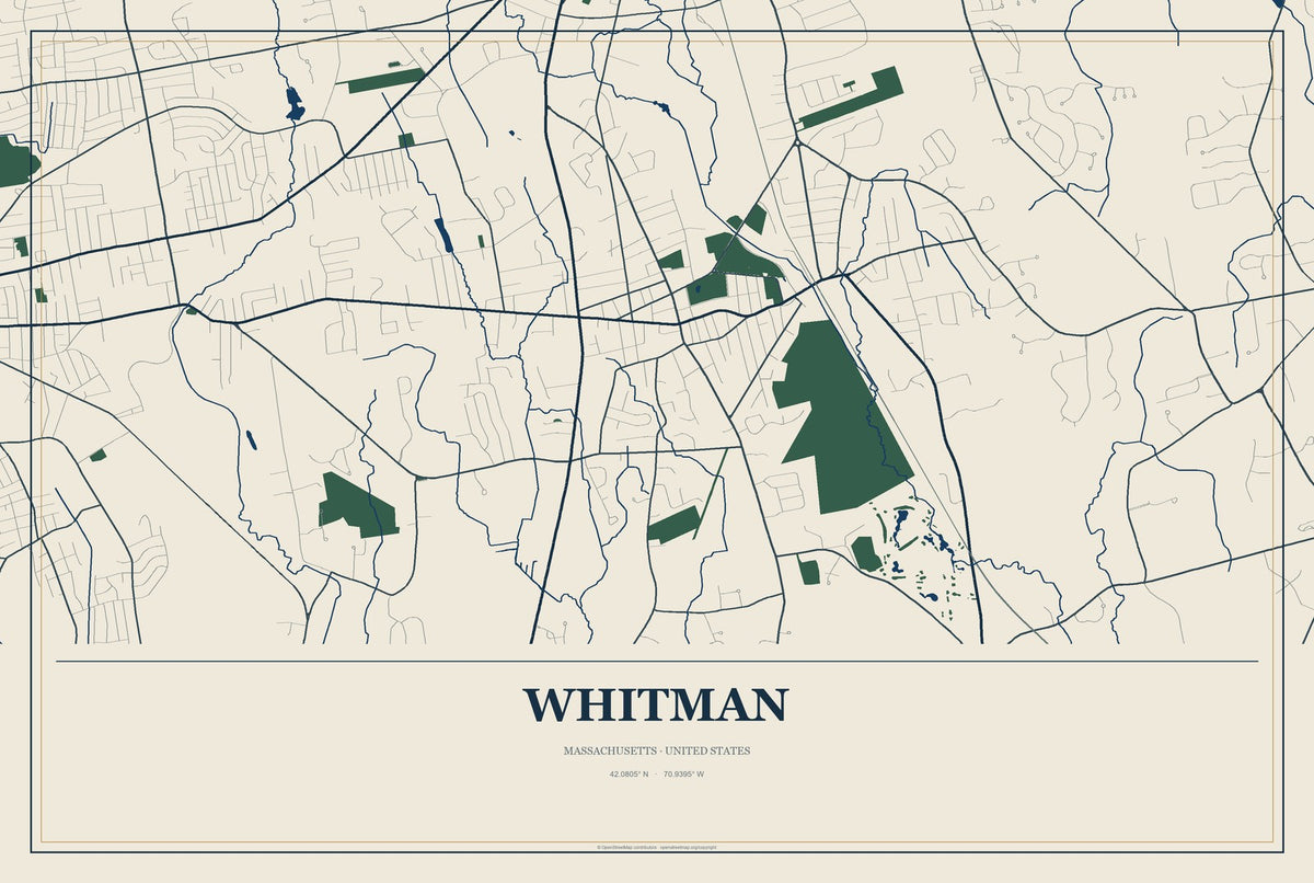 Whitman, Massachusetts City Map Aluminum Sign in Coastal Cutout style