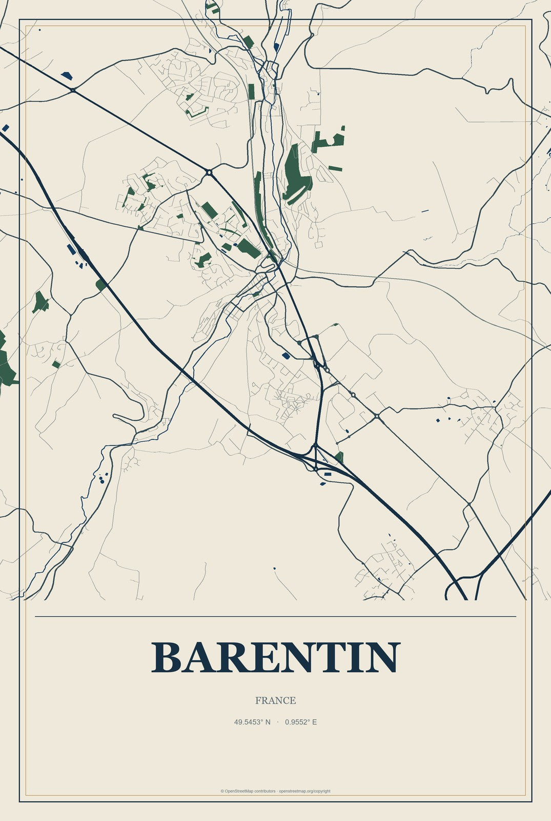 Barentin, France City Map Aluminum Sign in Coastal Cutout style