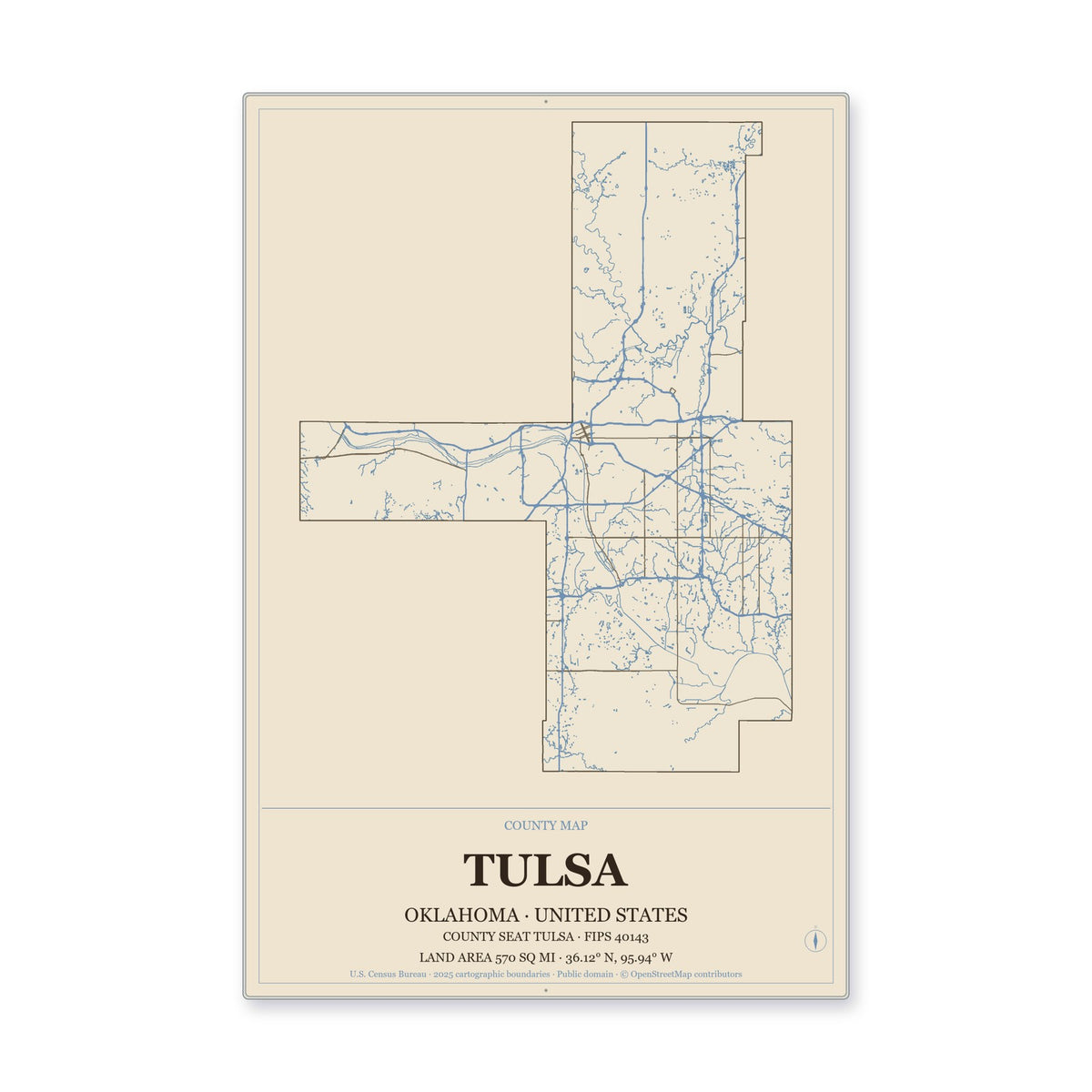 Tulsa County, Oklahoma Map Aluminum Sign in Heritage Nautical style