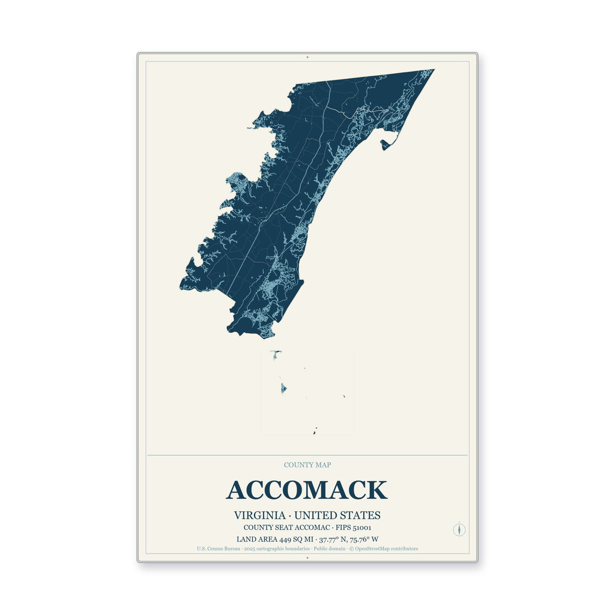 Accomack County, Virginia Map Aluminum Sign in Coastal Cutout style
