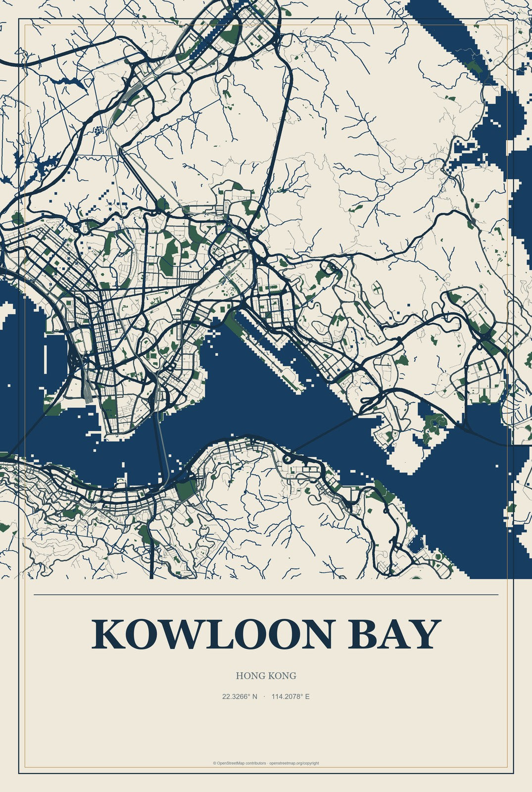Kowloon Bay, Hong Kong City Map Aluminum Sign in Coastal Cutout style