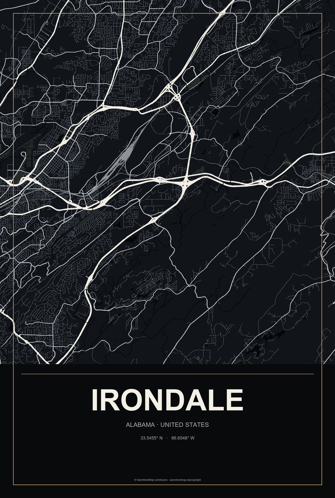 Irondale, Alabama City Map Aluminum Sign in Metropolitan Noir style