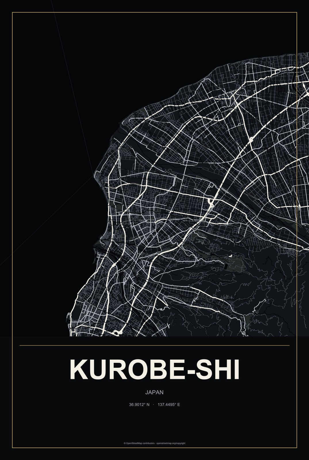 Kurobe-shi, Japan City Map Aluminum Sign in Metropolitan Noir style